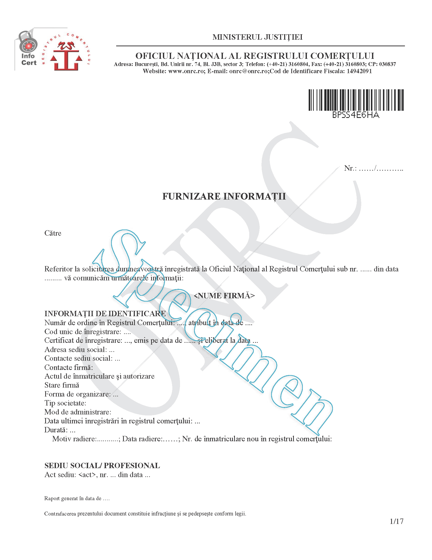 Specimen Certificat constatator de bază pentru Informare